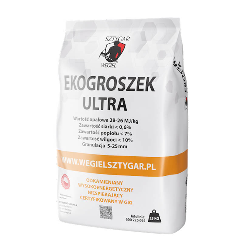 Ekogroszek ULTRA marki WĘGIEL SZTYGAR®. 28-26 MJ/kg, opakowanie 25 kg – dodatkowo oczyszczany z kamieni, ciał obcych i suszony